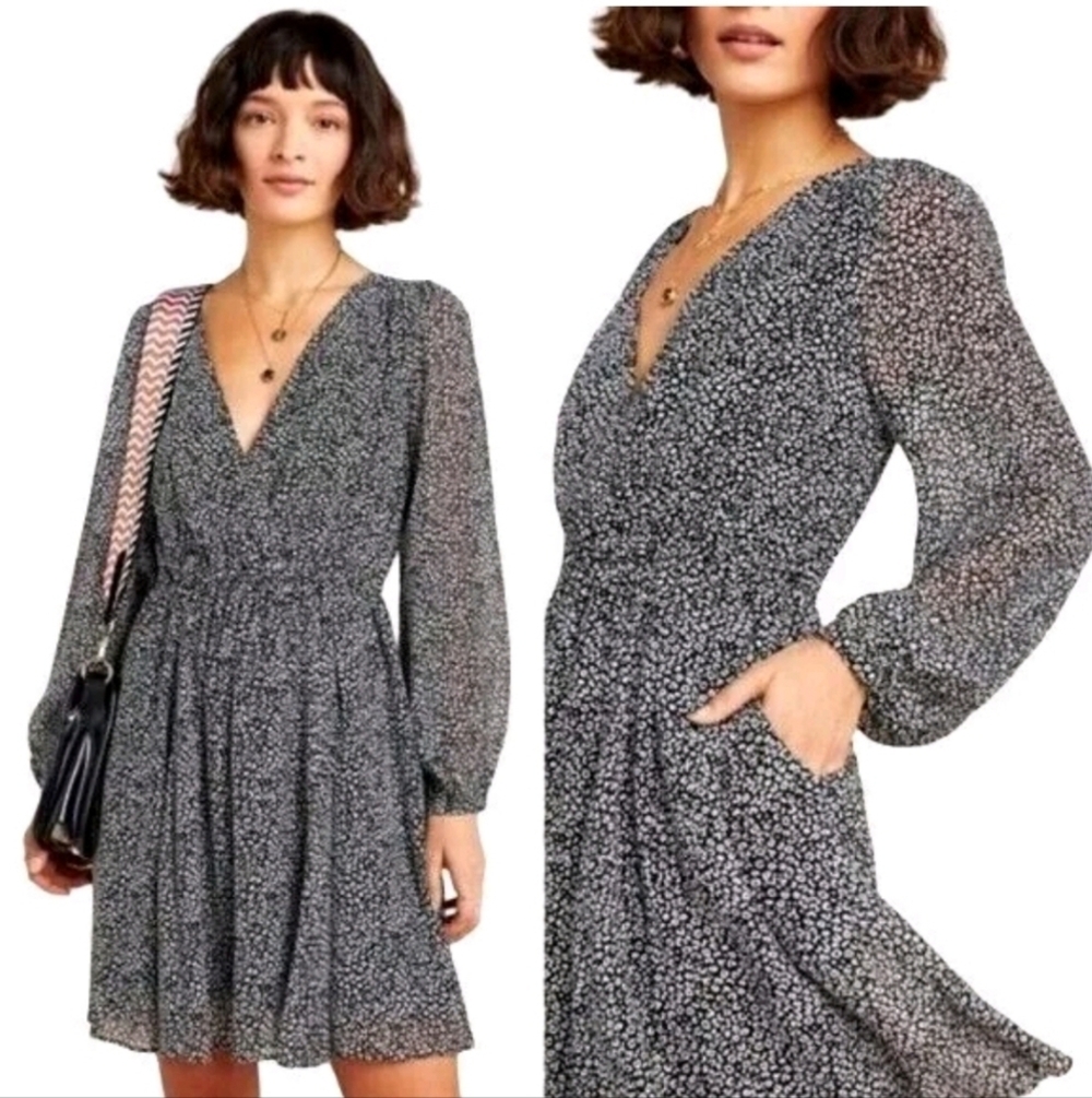 Maeve Anthropologie Dress Med‎ Black And White Leopard Print Boho Dark Romantic